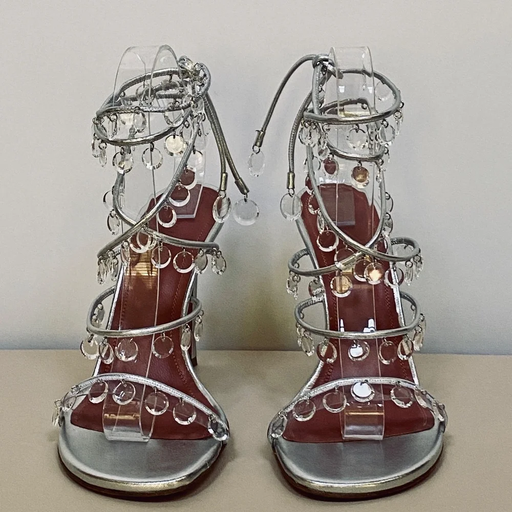 Amina Muaddi Tina Leather Ankle-Wrap Sandals With All Over Crystals-Appliques